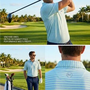Vineyard Vines Men’s Light Blue & White Striped Golf Polo On the Go Sankaty EUC